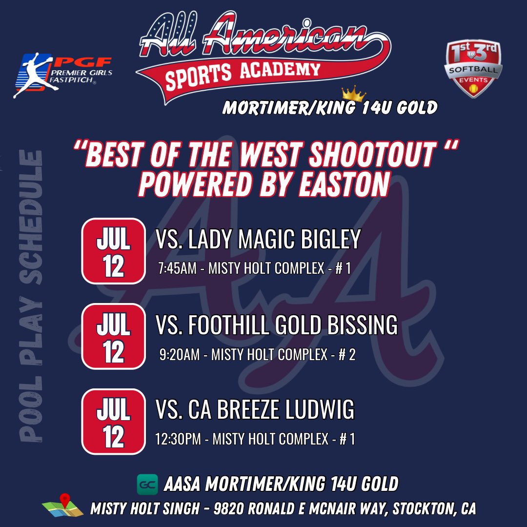 AASA-King 14U Gold (@aasateamking) on Twitter photo We’re hitting the fields this weekend in Stockton, CA for the 1st to 3rd “Best of the West Shootout” powered by Easton! 🥎🔥
🕢 7:45 AM vs. Lady Magic Bigley
🕘 9:20 AM vs. Foothill Gold Bissing
🕧 12:30 PM vs. CA Breeze Ludwig
<a href="/AasaTeams/">AASA-Teams</a> <a href="/1stto3rdTourney/">1st to 3rd Softball</a> We’re hitting the fields this weekend in Stockton, CA for the 1st to 3rd “Best of the West Shootout” powered by Easton! 🥎🔥
🕢 7:45 AM vs. Lady Magic Bigley
🕘 9:20 AM vs. Foothill Gold Bissing
🕧 12:30 PM vs. CA Breeze Ludwig
<a href="/AasaTeams/">AASA-Teams</a> <a href="/1stto3rdTourney/">1st to 3rd Softball</a>