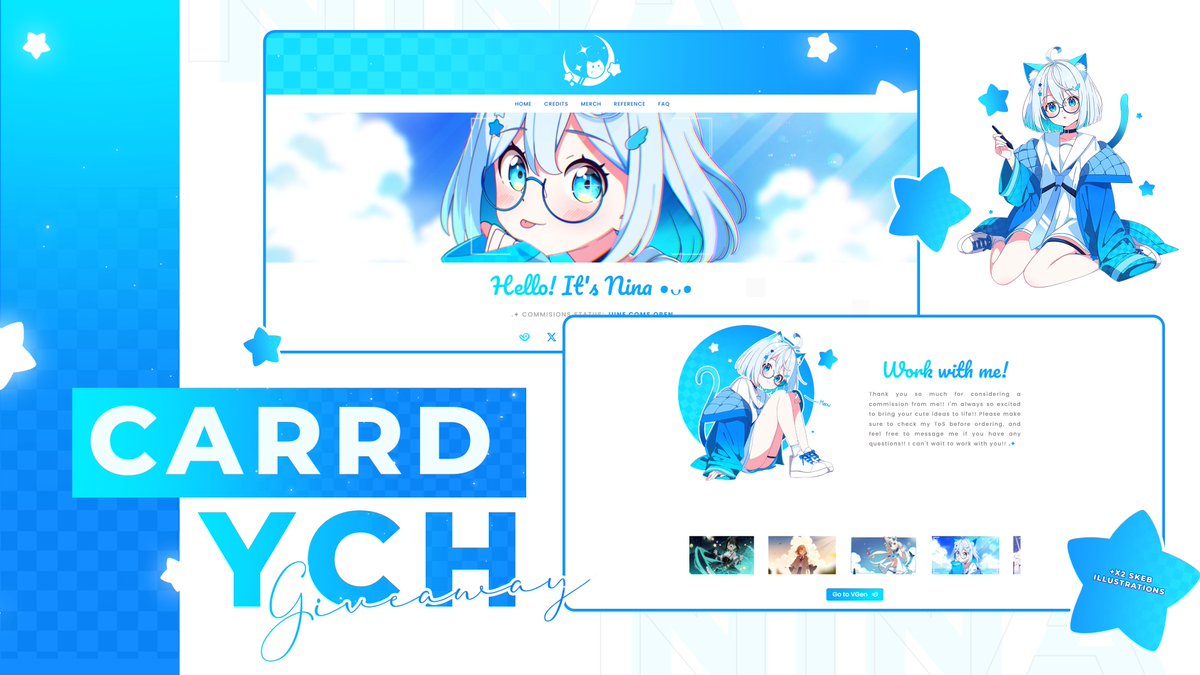 CARRD YCH GIVEAWAY!

Includes the Carrd YCH + 2 SKEB illustration for it!✨✨

Hello! I've been having a lot of fun with my Carrd template so I decided to host a giveaway!

How to enter:
-Follow me, like &amp; RT
-(Optional just for fun!! 🩵) Leave your PNG and a short description of