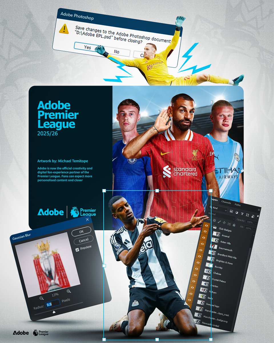 Brainiac Graphics 🇳🇬 (@brainiacgfx) on Twitter photo 👨🎨🎨Designed to dominate.
⚽ Premier League meets Adobe; layered, blurred, saved. ☑️
Built in Photoshop. Inspired by the game💡.
<a href="/Photoshop/">Adobe Photoshop</a> <a href="/Adobe/">Adobe</a> <a href="/premierleague/">Premier League</a>
S/O to <a href="/CarsinDesign/">Carsin</a> 🥳 👨🎨🎨Designed to dominate.
⚽ Premier League meets Adobe; layered, blurred, saved. ☑️
Built in Photoshop. Inspired by the game💡.
<a href="/Photoshop/">Adobe Photoshop</a> <a href="/Adobe/">Adobe</a> <a href="/premierleague/">Premier League</a>
S/O to <a href="/CarsinDesign/">Carsin</a> 🥳