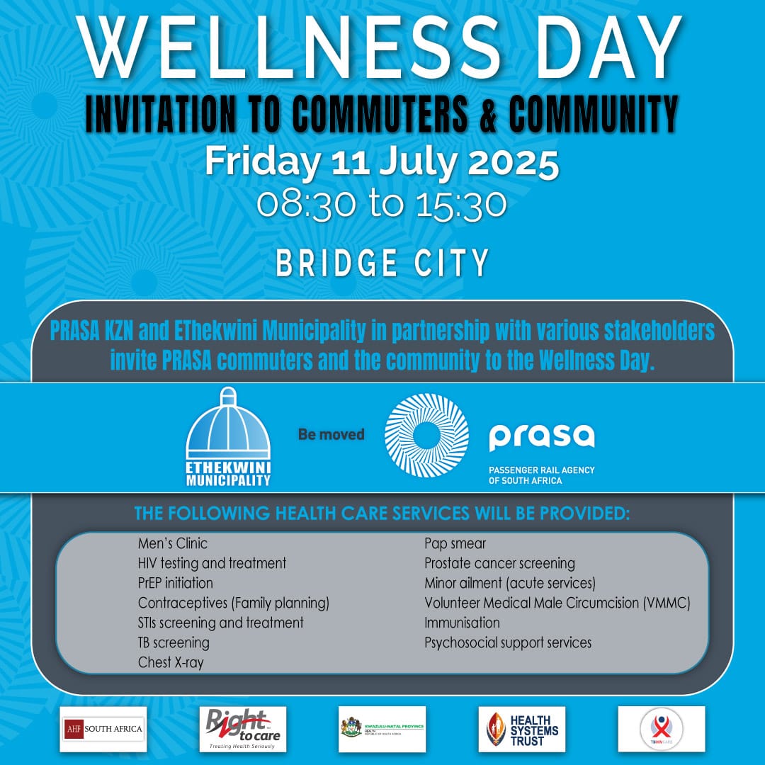 Join us for Wellness Day on Friday, 11 July 2025, from 08:30 to 15:30 at Bridge City .  PRASA KZN and eThekwini Municipality invite you to access free health services like HIV testing, TB screening, and more.

 #WellnessDay #PRASA #eThekwiniMunicipality