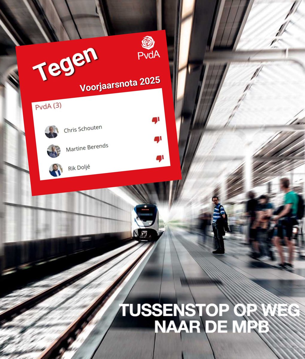 🚦 𝗧𝘂𝘀𝘀𝗲𝗻𝘀𝘁𝗼𝗽 𝗼𝗽 𝘄𝗲𝗴 𝗻𝗮𝗮𝗿 𝗱𝗲 𝗠𝗣𝗕 🚂

De PvdA stemt 𝗧𝗘𝗚𝗘𝗡 de Voorjaarsnota 2025.

Waarom? Omdat we niet zomaar in een trein stappen zonder te weten waar die heen gaat. Lees meer: facebook.com/share/p/1AxaZD… 🚉

#vjn #pvda #apeldoorn #voorjaarsnota #mpb