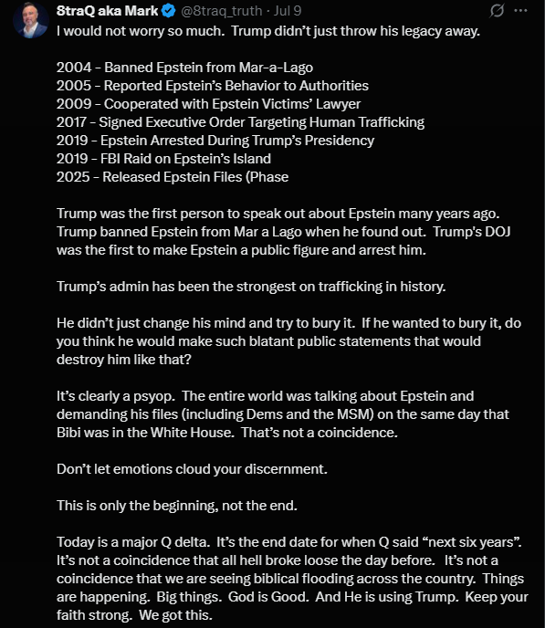 Trump denying the Epstein List is a psyop to make people demand the list and then he'll produce it and arrest all the baddies.