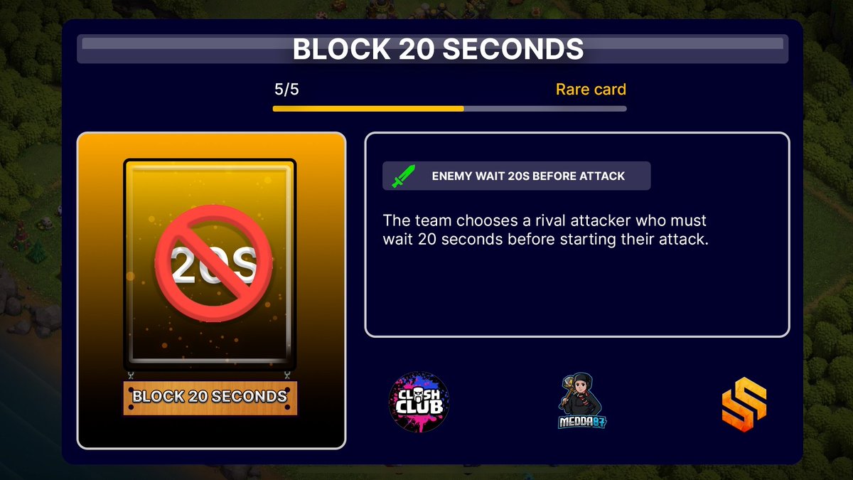 ⚔️ COK –CARDS 

Can you imagine the different cards that the teams will be able to use in the tournament? 

🔸 Rare cards
🎴 6% Probability of get a Common 

➡️ Mirror Card
➡️ Respin the wheel 
➡️ Heroic Fifth
➡️ Block  20 seconds 
➡️ An enimy without super troops 

#ClashOfKings