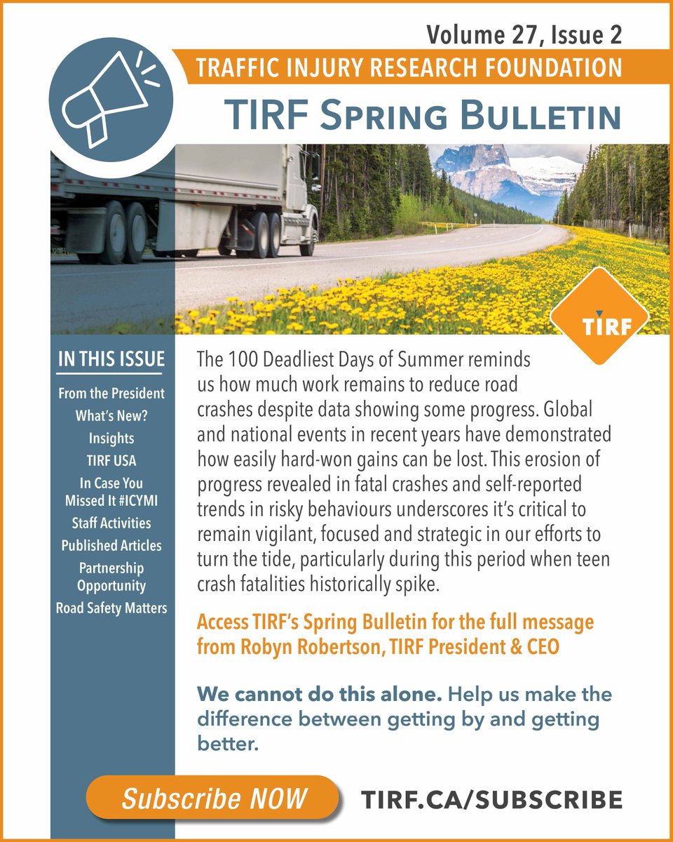 #ICYMI - TIRF's Spring Bulletin is out!

Data insights have guided TIRF’s new work with youth, including our Action2Zero school curriculum, a new school road safety activity book, and the TIRF Youth Advisor Program (TIRF YAP). tirf.ca/bulletins/ #roadsafety #research #data