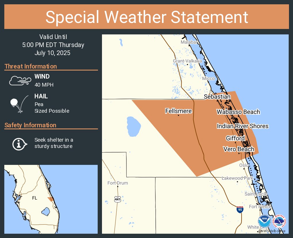 A special weather statement has been issued for Sebastian FL, Vero Beach FL and  Gifford FL until 5:00 PM EDT