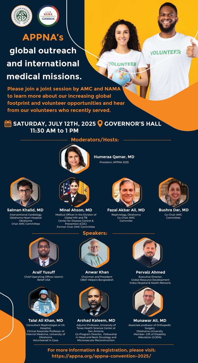 Assoc. of Pakistani Physicians of North America (@appna) on Twitter photo :
🌍 APPNA’s Global Outreach in Action!
Join us for a powerful Joint Session by AMC and NAMA at Convention 2025 to explore APPNA’s growing global footprint and medical missions.
=🔗 Please click the link to learn more: conta.cc/4nCeN2O :
🌍 APPNA’s Global Outreach in Action!
Join us for a powerful Joint Session by AMC and NAMA at Convention 2025 to explore APPNA’s growing global footprint and medical missions.
=🔗 Please click the link to learn more: conta.cc/4nCeN2O