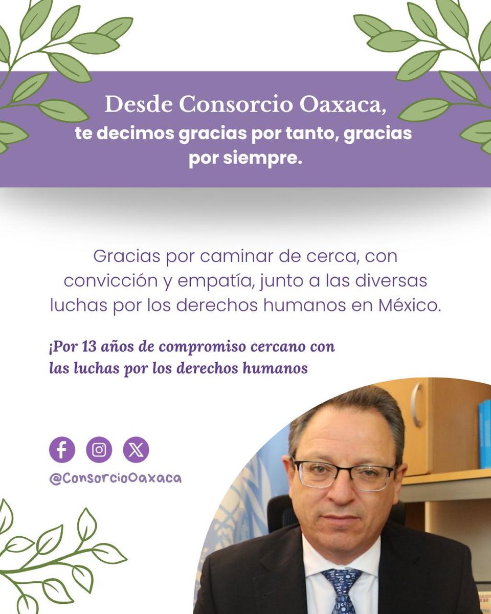 Consorcio Oaxaca (@consorciooaxaca) on Twitter photo 🟣Agradecemos y reconocemos la incansable labor de Jesús Peña Palacios como representante adjunto de la <a href="/ONUDHmexico/">ONU-DH México</a>, que en estos 13 años de trabajo ha sido un pilar fundamental en la defensa y promoción de los derechos humanos en México.
👤Su acompañamiento y cercanía a 🟣Agradecemos y reconocemos la incansable labor de Jesús Peña Palacios como representante adjunto de la <a href="/ONUDHmexico/">ONU-DH México</a>, que en estos 13 años de trabajo ha sido un pilar fundamental en la defensa y promoción de los derechos humanos en México.
👤Su acompañamiento y cercanía a