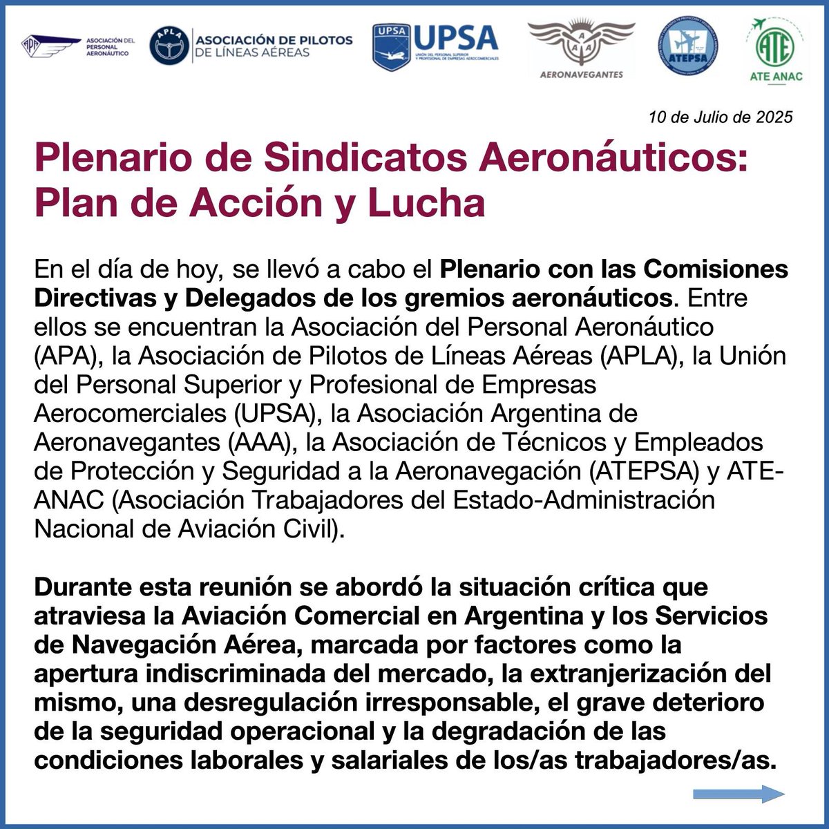 𝗣𝗹𝗲𝗻𝗮𝗿𝗶𝗼 𝗱𝗲 𝗦𝗶𝗻𝗱𝗶𝗰𝗮𝘁𝗼𝘀 𝗔𝗲𝗿𝗼𝗻𝗮́𝘂𝘁𝗶𝗰𝗼𝘀: 𝗣𝗟𝗔𝗡 𝗗𝗘 𝗔𝗖𝗖𝗜𝗢́𝗡 𝗬 𝗟𝗨𝗖𝗛𝗔

👇🏼