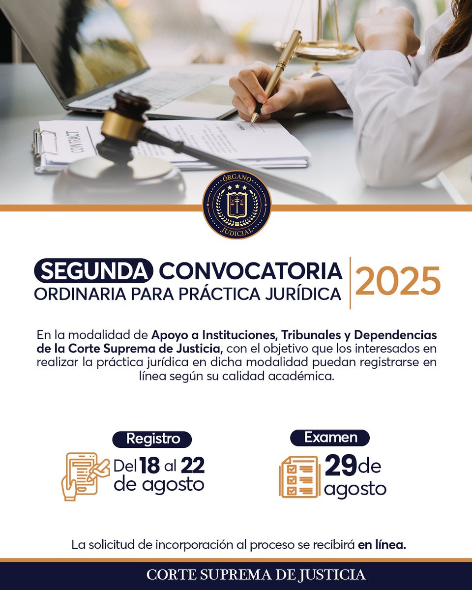 Segunda Convocatoria Ordinaria 2025 para Práctica Jurídica.
Dirigida a estudiantes, egresados y graduados en Ciencias Jurídicas.

Período de registro: del 18 al 22 de agosto de 2025.
🔗 Conoce los requisitos y pasos a seguir: goo.su/y9BTgCH