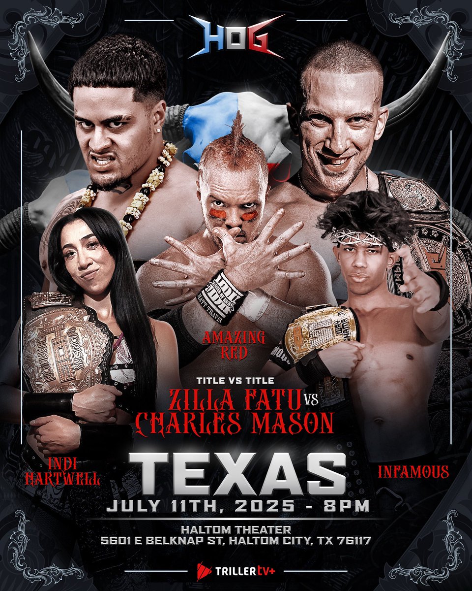 🔥 TEXAS THIS FRIDAY 🔥

History will be made when Zilla Fatu and Charles Mason go Title vs Title in the main event! Plus appearances by Indi Hartwell, Amazing Red, and Infamous!

🎟️ Tickets still available 
tickettailor.com/events/houseof…

📺 Streaming LIVE on <a href="/Triller_TV/">TrillerTV</a>