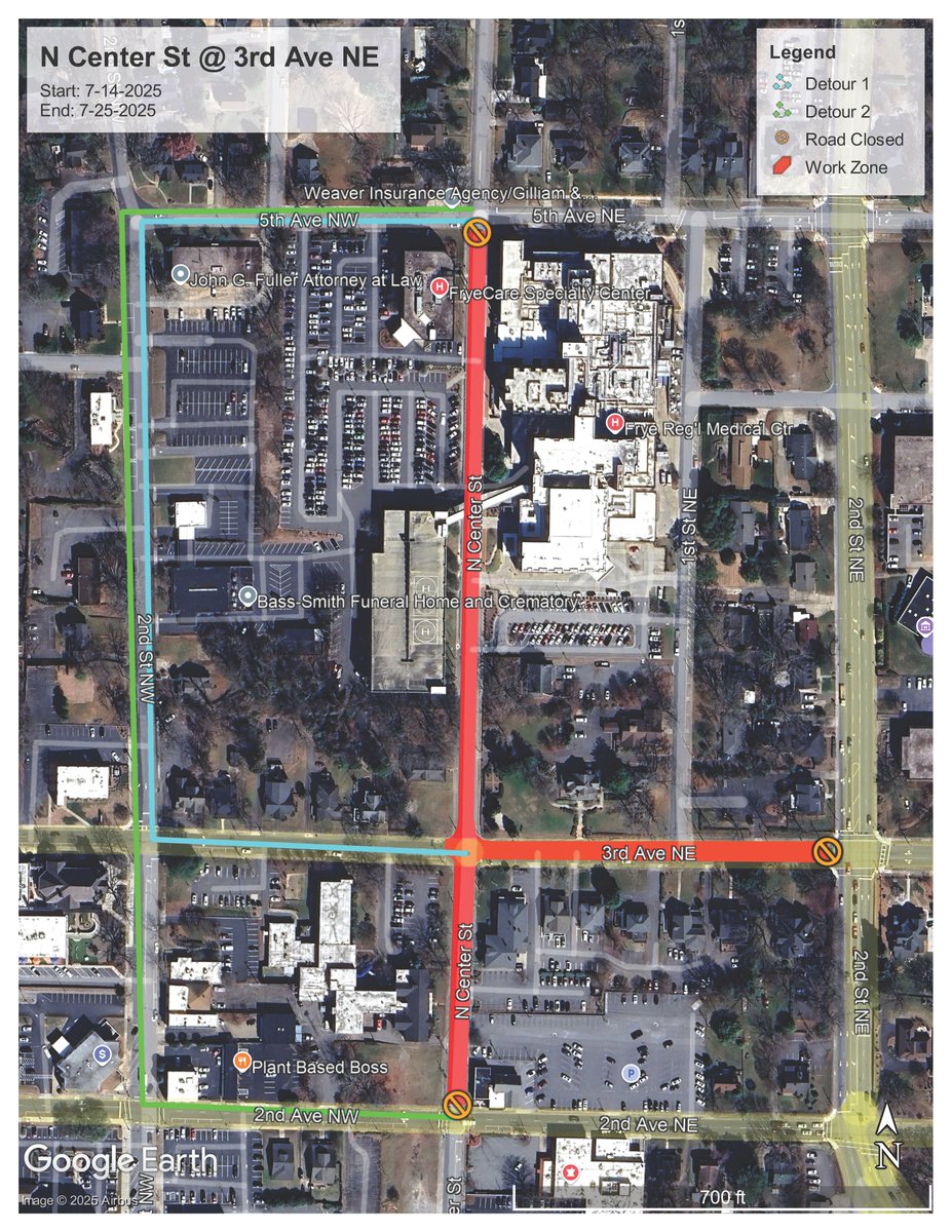 Starting on Monday, July 14, N Center St will be closed from 3rd Ave NE to 5th Ave NE to repair damaged sewer infrastructure. 3rd Ave NE will be reduced to one lane from 2nd St NE (N.C. 127) to N Center St and may be closed fully as repairs progress. hickorync.gov/north-center-s…