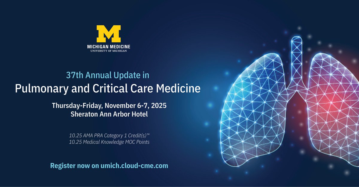 UMIntMed's tweet image. Join us this fall for the 37th Annual Update in Pulmonary and Critical Care Medicine. Learn from U-M experts as they share the latest updates on key topics in the field, including COPD, pneumonia, pulmonary embolism, and more! 🫁 

Register now: umich.cloud-cme.com/course/courseo…