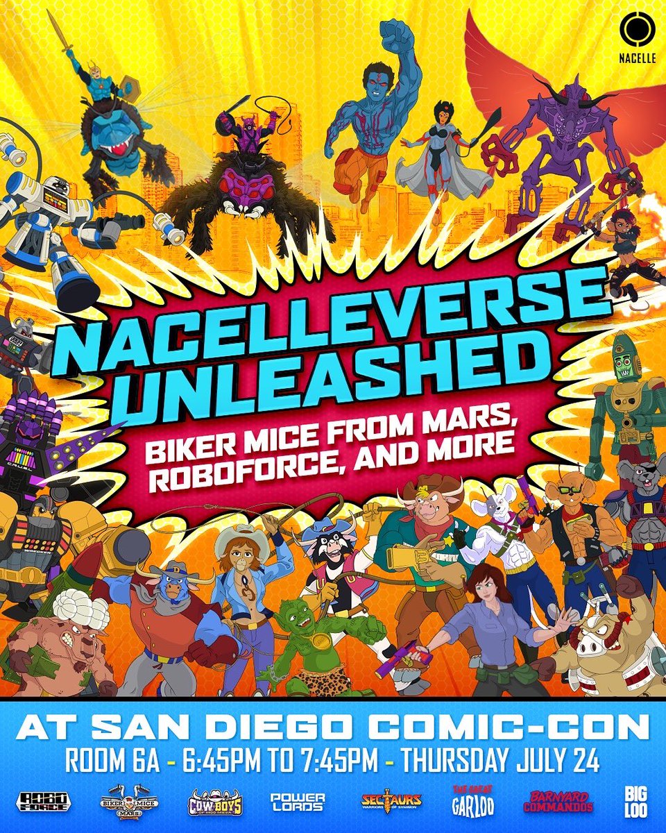 toysthatmadeus's tweet image. Join us Thursday July 24 at 6:45pm in room 6A for NacelleVerse Unleashed, where we’ll be spilling the beans on Biker Mice, RoboForce, C.O.W.-Boys of Moo Mesa &amp;amp; more! 

Stop by our booth 2547 all weekend long where we’ll have exclusives, in-booth signings and more. #SDCC2025 #SDCC