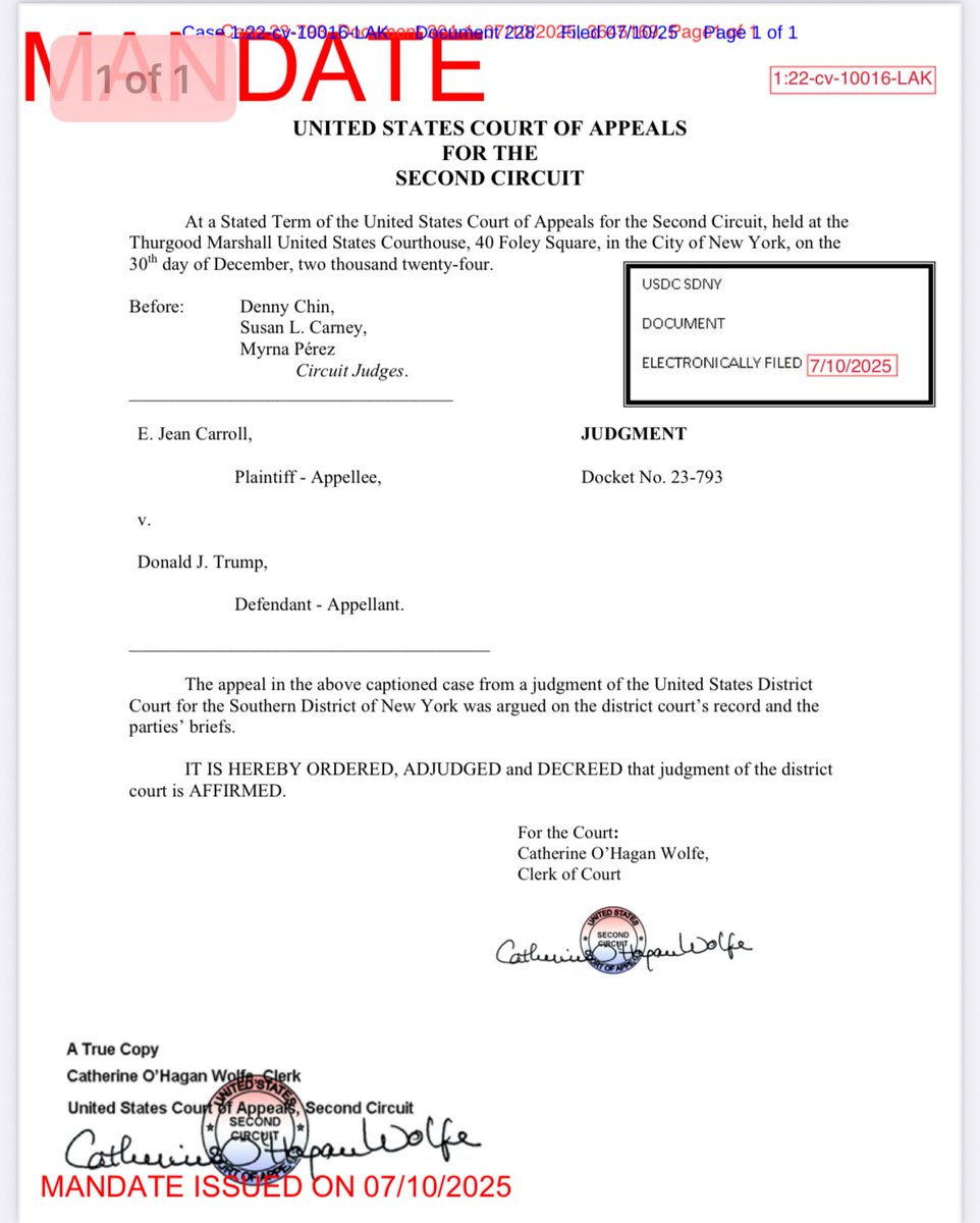 RonaldRichards's tweet image. 🚨🚨🚨E. Jean Carroll’s defamation judgment is affirmed. Since Trump posted a bond she gets paid quickly. Big day for her for sure. For Trump, small adjustment on his balance sheet.