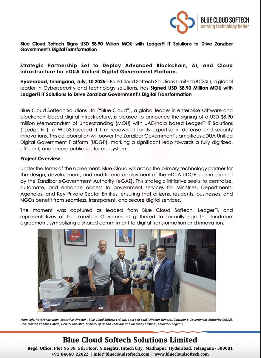 ManishK46113331's tweet image. 🚨#BlueCloudSoftech Signs USD $8.90 Million MOU with LedgerFi IT Solutions to Drive Zanzibar Government’s Digital Transformation