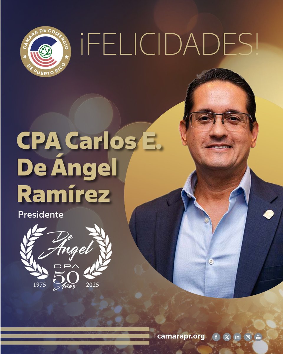🎉 Felicitamos a De Ángel &amp; Compañía, CPA, LLC por su 50.º Aniversario 🎉

La presidenta de la <a href="/CamaraPR/">Cámara de Comercio de Puerto Rico</a> , Lcda. Margaret Ramírez Báez, y la Junta Directiva extienden un reconocimiento especial a la firma De Angel &amp; Compañía, CPA, LLC, presidida por el CPA Carlos E. De Angel, por