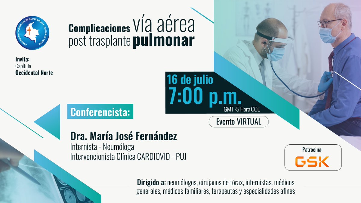 Acompáñanos este 16 de julio a las 7:00 p. m. (COL)
La Dra. María José Fernández hablará sobre complicaciones de vía aérea post trasplante pulmonar.
Evento virtual sin costo.
Invita: Capítulo Occidental Norte
🔗 Regístrate: us02web.zoom.us/webinar/regist…
#SaludRespiratoria #Neumología