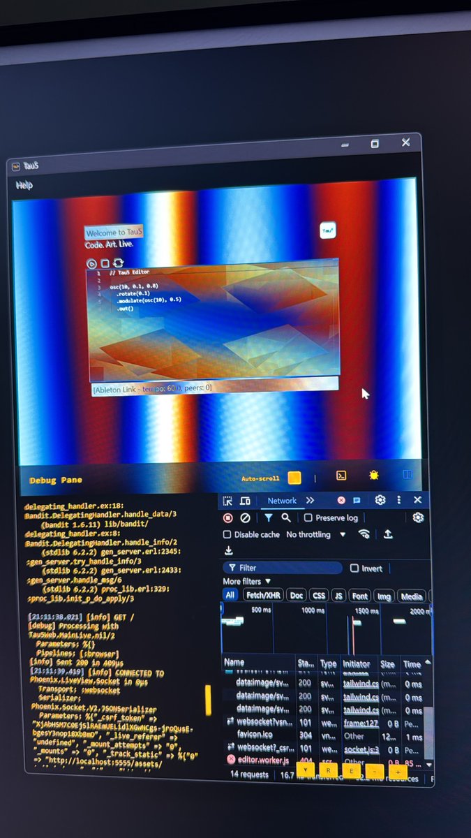 samaaron's tweet image. Tau5 - now with a debug pane.
This currently has two panes - the BEAM log and web dev tools (the app is essentially a custom browser connected to the BEAM VM).
The debug pane shows you what both the BEAM VM and Chromium browser are doing - live and all in one compact view.
