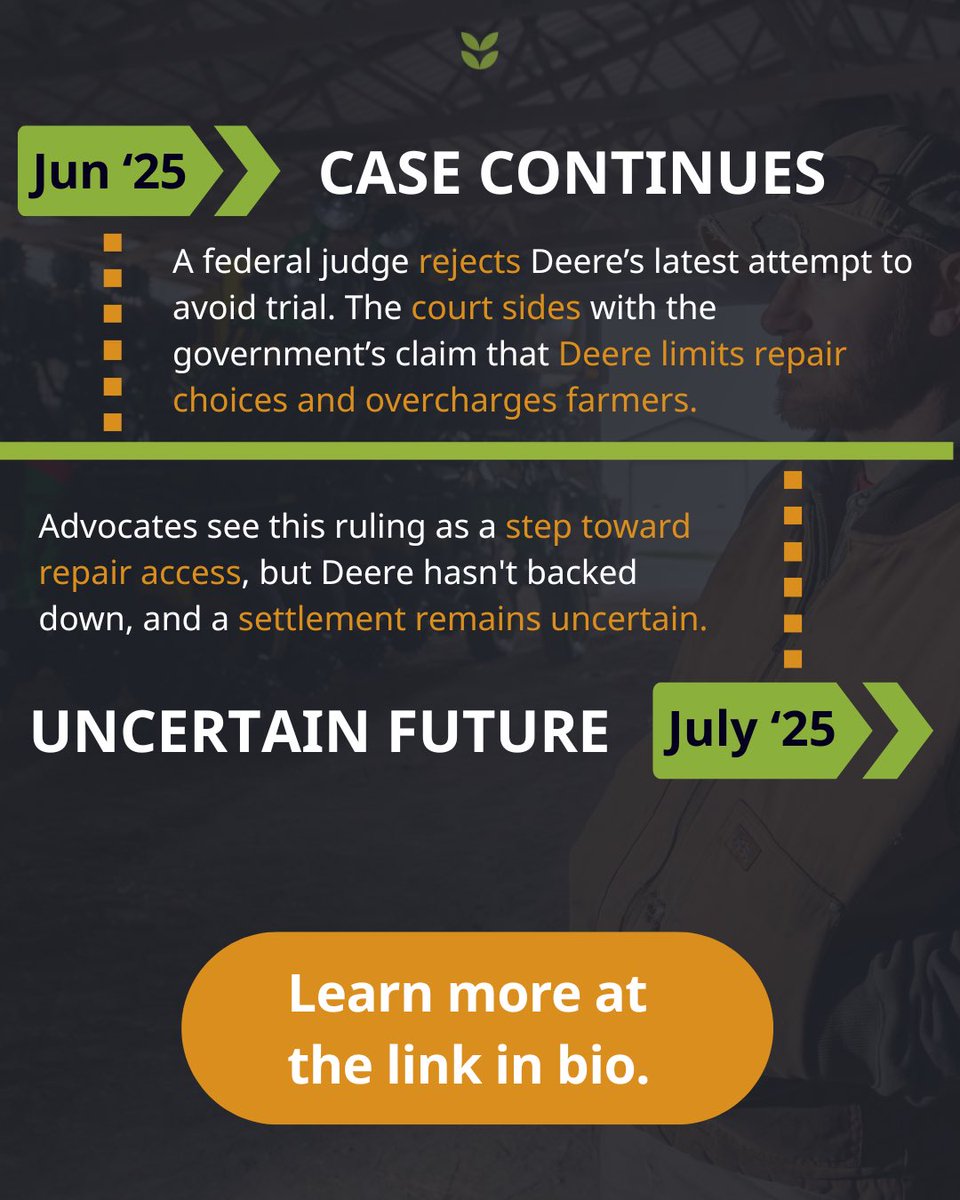 IMidwest's tweet image. Who gets to fix a tractor? Farmers say John Deere blocked access to key repair tools. Now, a judge says the antitrust case can move forward.
Opinion by Dave Dickey: investigatemidwest.org/2025/07/08/rig…
Reporting by Jennifer Bamberg:
#RightToRepair #JohnDeere