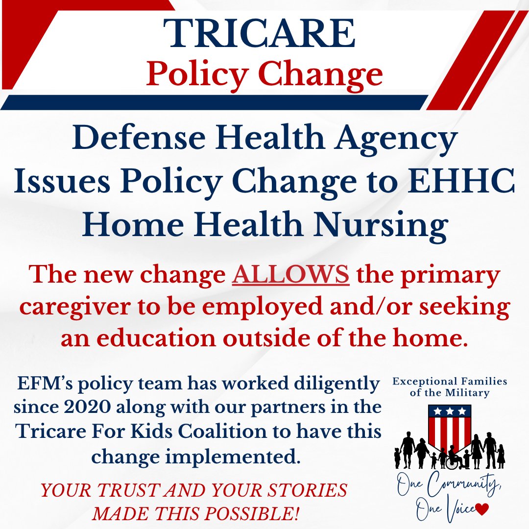 🚨 TRICARE Policy Change!
Primary caregivers using EHHC can now work or go to school outside the home!

This is a HUGE win for military families—made possible by your stories + advocacy since 2020.

Thank you! 💙
#TRICARE #EFMP #MilitaryFamilies #PolicyWin #HomeHealth