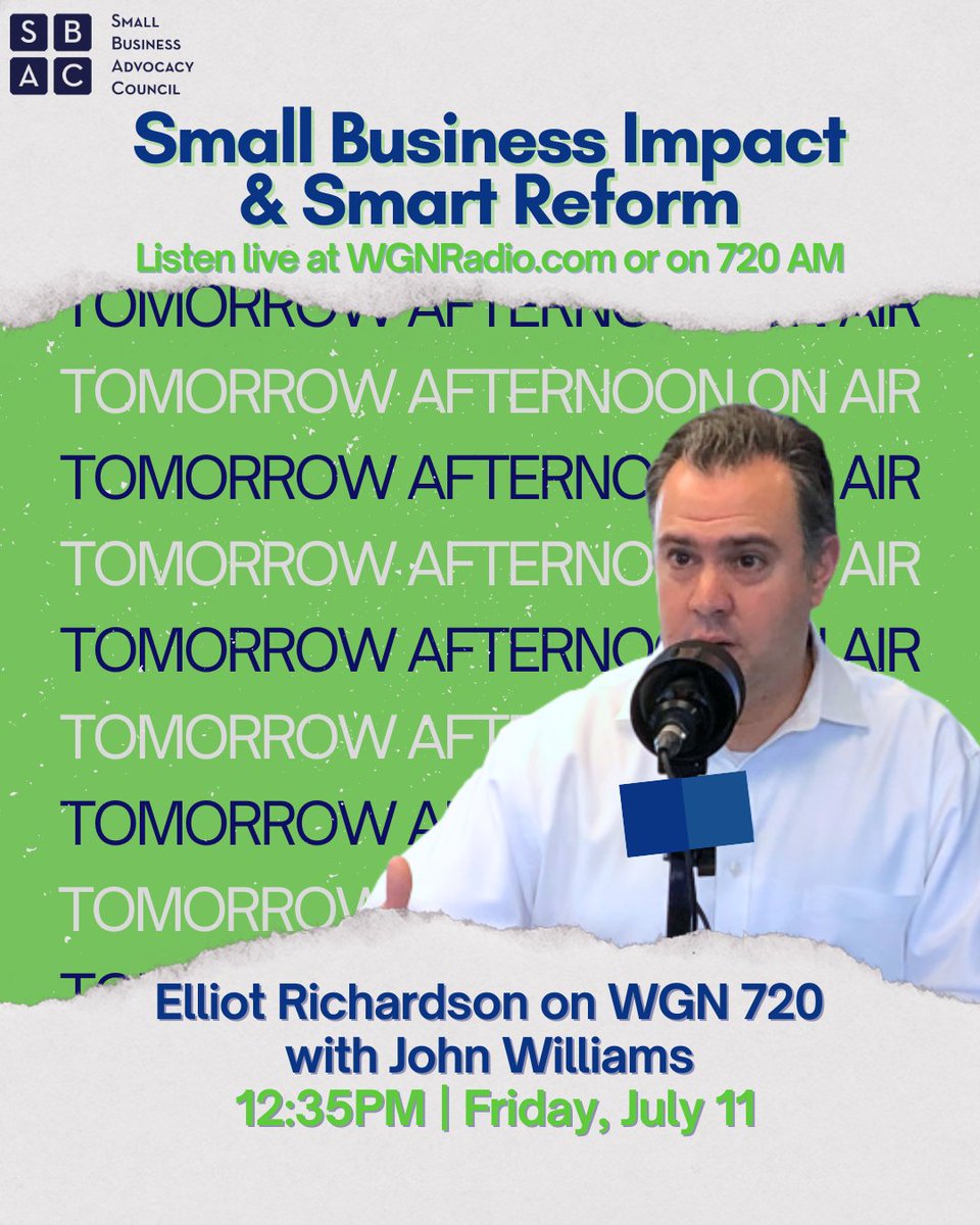 📣 TOMORROW AFTERNOON: Elliot Richardson joins John Williams live on WGN Radio’s Wintrust Business Lunch at 12:35 PM! Tune in for insights on how Chicago’s policies are impacting small businesses.


📻 Listen live on 720 AM or at bit.ly/4eIqrVL

#SBAC #WGNRadio