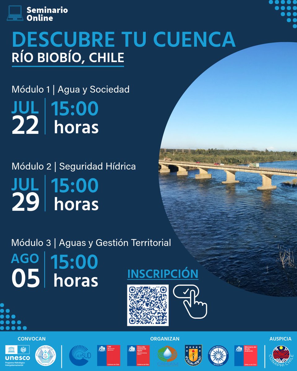 🌎💧 Descubre tu Cuenca: Río Biobío, Chile

🗓️ Desde el 22 de julio al 5 de agosto de 2025
🕒 Todos los martes de 15:00 a 16:30 hrs (Chile)
📲 ¡Inscríbete escaneando el código QR del afiche!

🙌 Un espacio de aprendizaje, conciencia y reflexión sobre el agua y el territorio.