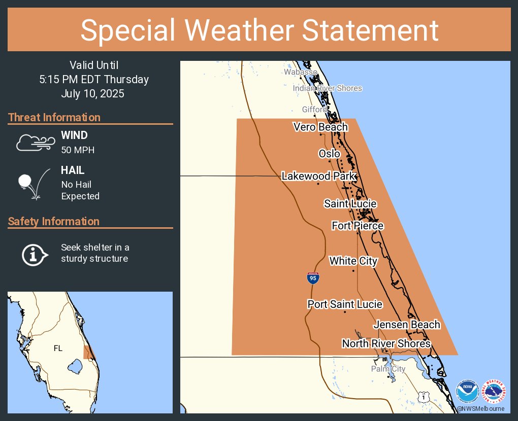 A special weather statement has been issued for Port Saint Lucie FL, Fort Pierce FL and  Vero Beach FL until 5:15 PM EDT