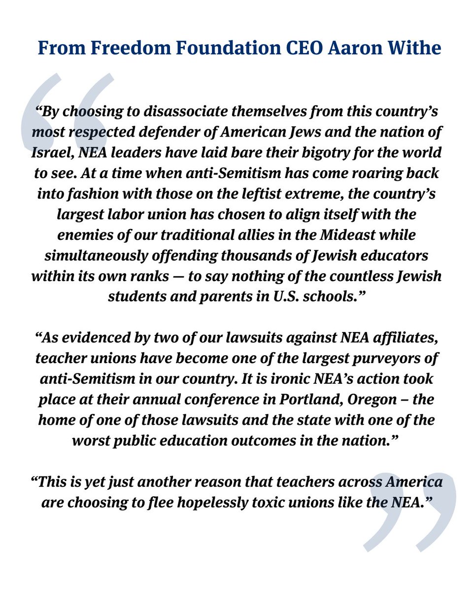 FreedomFdtn's tweet image. Following news that the National Education Association (NEA) has cut ties with the Anti-Defamation League, Freedom Foundation CEO @AaronWithe has issued the following statement.