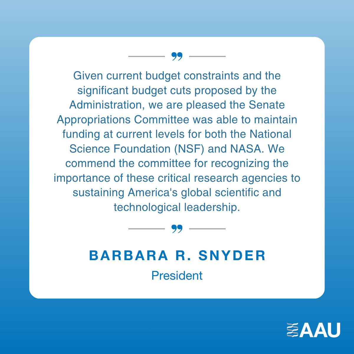 AAU (@aauniversities) on Twitter photo Thank you <a href="/SenateApprops/">Senate Appropriations Dems</a> and <a href="/AppropsGOP/">Senate GOP Appropriations Committee</a> for maintaining funding levels for NSF and NASA. Thank you <a href="/SenateApprops/">Senate Appropriations Dems</a> and <a href="/AppropsGOP/">Senate GOP Appropriations Committee</a> for maintaining funding levels for NSF and NASA.