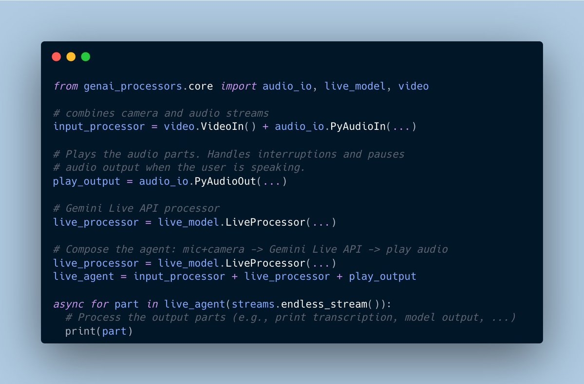 osanseviero's tweet image. Introducing GenAI Processors ✨
An open source library to build real-time projects easily, with cool features such as stream-based I/O and chaining, modularity, composability, and more
GitHub: github.com/google-gemini/…
Blog: developers.googleblog.com/en/genai-proce…