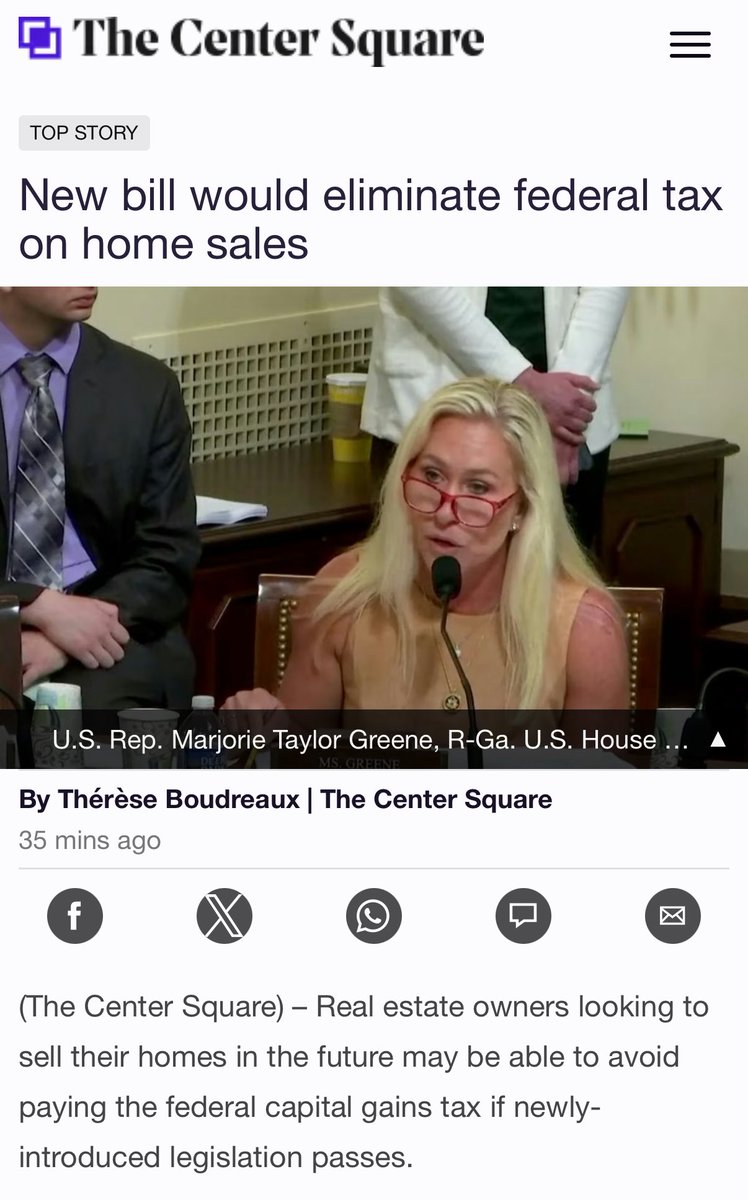 💥MTG just introduced a bill to eliminate the tax on the sale of a primary home. 

“The No Tax on Home Sales Act, introduced Thursday by U.S. Rep. Majorie Taylor Greene, R-Ga., would eliminate the federal capital gains tax on home sales if the home is the seller’s primary