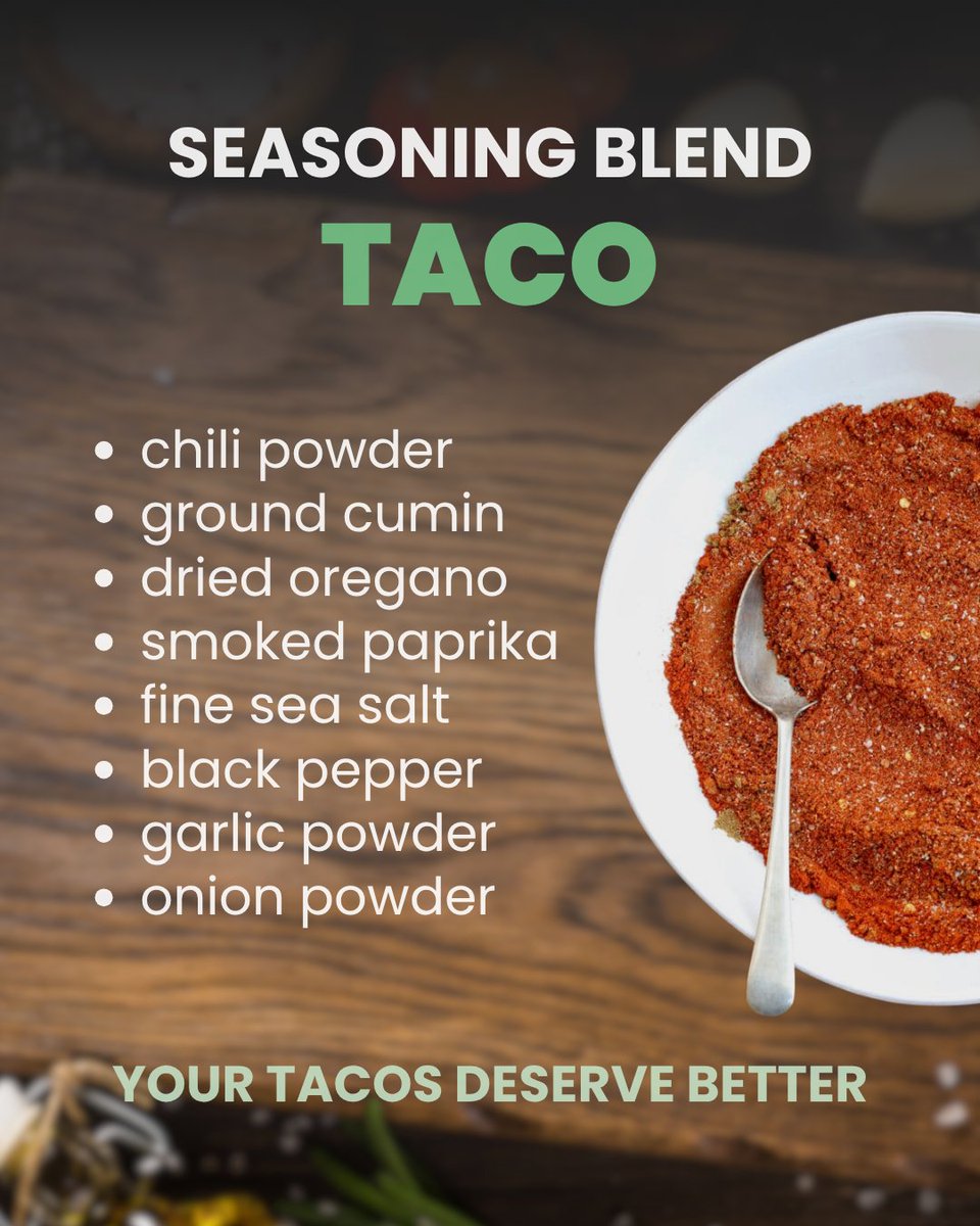 TWF_Health's tweet image. DIY Taco Seasoning Blend 🌮
✔️Chili Powder
✔️Ground Cumin
✔️Dried Oregano
✔️Smoked Paprika
✔️Fine Sea Salt
✔️Black Pepper
✔️Garlic Powder
✔️Onion Powder
✅ Save this and try it for your next #TacoTuesday