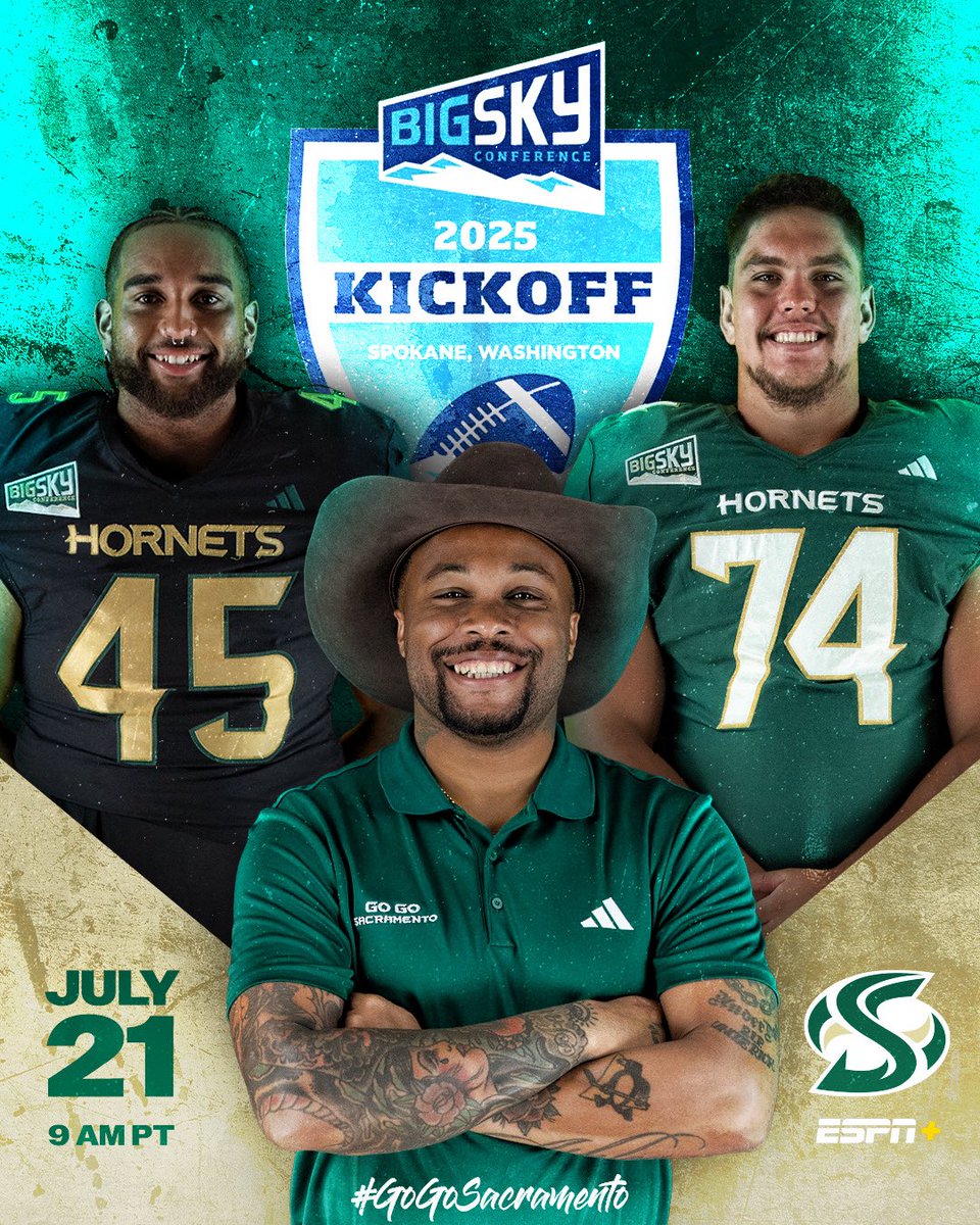 Big Sky Media Day📸 
Spokane, Washington📍 
July 21st, 2025 at 9 AM PT. ⏰
Live on ESPN+ 📺
Coach Marion is rolling with returning seniors Xavier Williams (DE) &amp; Aidan Meek (OT) in his 1st season as Head Coach. 

#GoGoSacramento