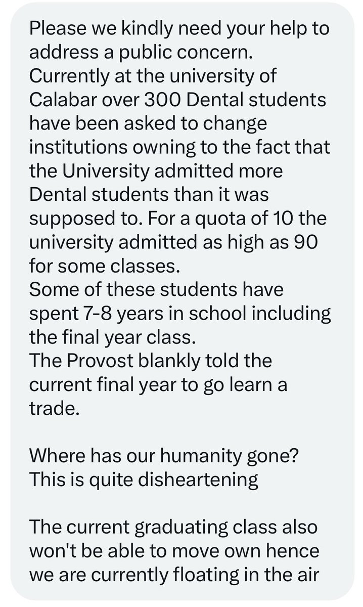 Nigerian Doctor (@nigerian_doctor) on Twitter photo <a href="/DrTunjiAlausa/">Dr. Tunji Alausa</a> <a href="/OfficialNUC/">National Universities Commission</a> @proftahirmamman <a href="/NigEducation/">Federal Ministry of Education</a> <a href="/MDCNOfficial/">Medical and Dental Council of Nigeria</a> <a href="/FatimaKyari/">Fatima</a>
University of Calabar has reportedly asked 300 Dental Students to change schools, due to the school’s accreditation troubles.
The school was aware of MDCN’s quota limitations before offering <a href="/DrTunjiAlausa/">Dr. Tunji Alausa</a> <a href="/OfficialNUC/">National Universities Commission</a> @proftahirmamman <a href="/NigEducation/">Federal Ministry of Education</a> <a href="/MDCNOfficial/">Medical and Dental Council of Nigeria</a> <a href="/FatimaKyari/">Fatima</a>
University of Calabar has reportedly asked 300 Dental Students to change schools, due to the school’s accreditation troubles.
The school was aware of MDCN’s quota limitations before offering