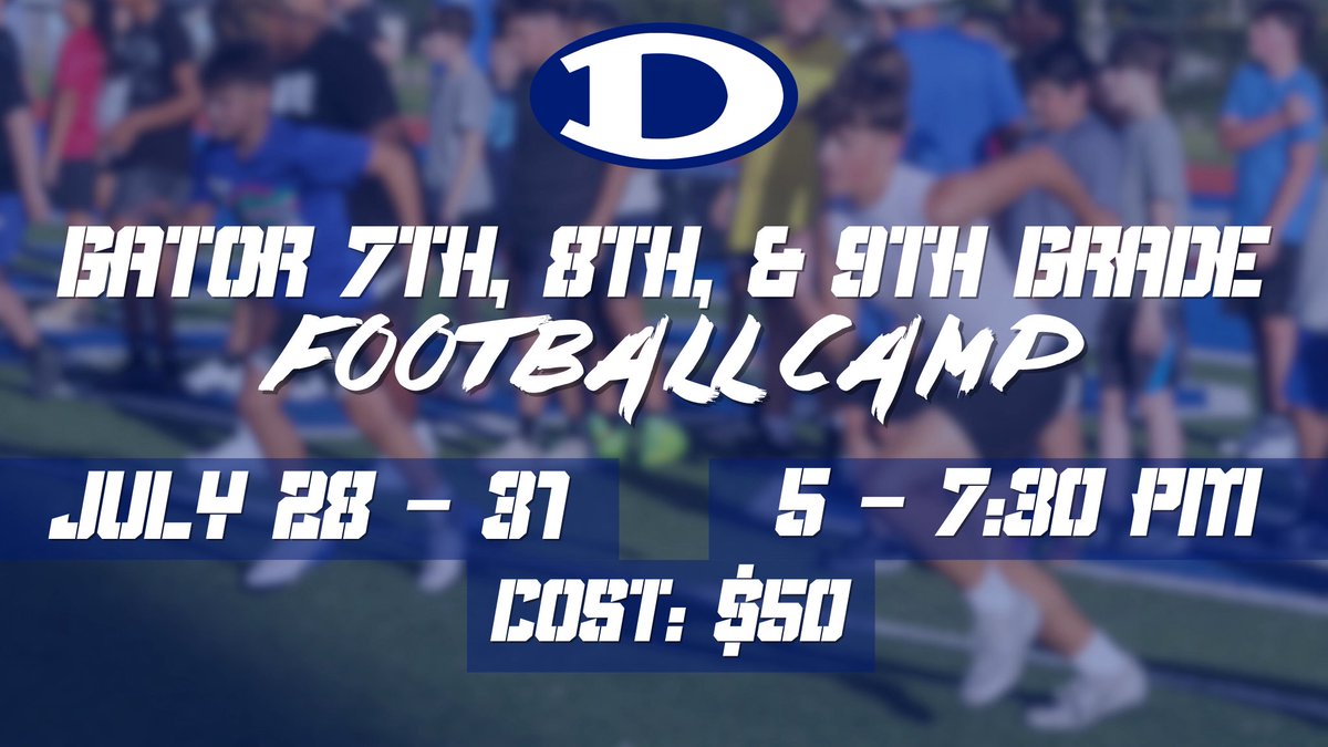 📢 Incoming 7th-9th graders, join the Gator Football Camp! 🏈

🗓 July 28-31
⏰ 5-7:30 p.m.
💲 $50
📍 Sam Vitanza Stadium

🏆 Learn leadership, fundamentals, &amp; Gator schemes. Non-contact camp. Bring cleats &amp; loose clothes.

📲 Register here: bit.ly/789fbcamp