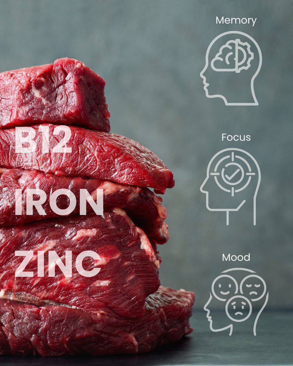 TWF_Health's tweet image. Red meat can help your:
🧠 Memory
🧠 Focus
🧠 Mood
All thanks to:
✅ B12
✅ Iron
✅ Zinc