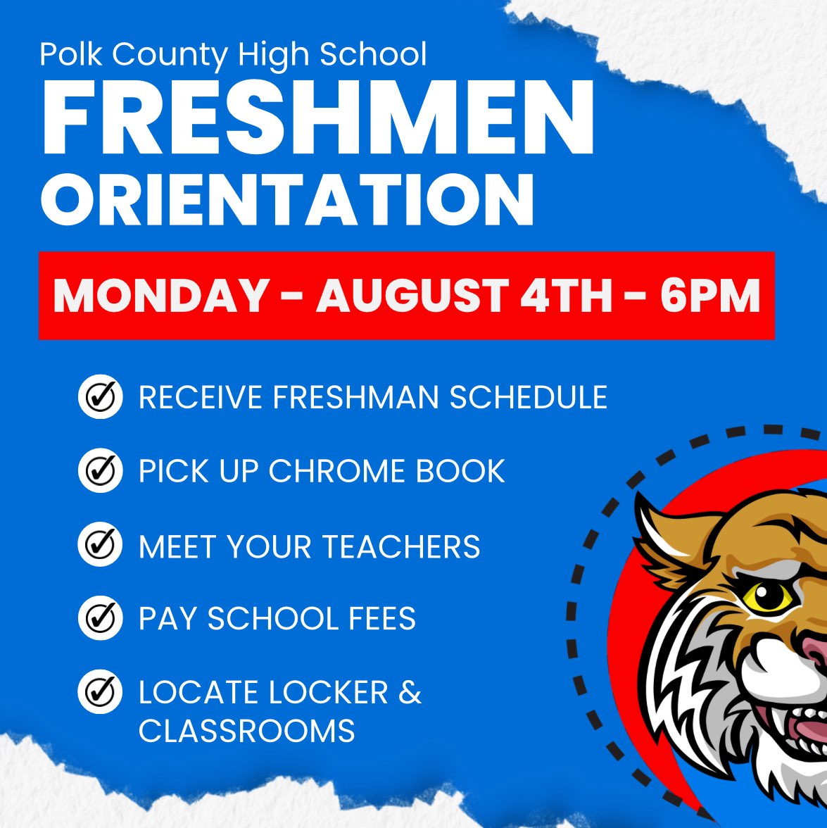 🎉 Welcome, Class of 2029! 🐾
Join us for Freshman Orientation at PCHS on August 4th at 6PM!
Meet your fellow Wildcats, explore campus, and get ready for an exciting year! 💙🤍 #PCHSWildcats #ClassOf2029 #WildcatWelcome
