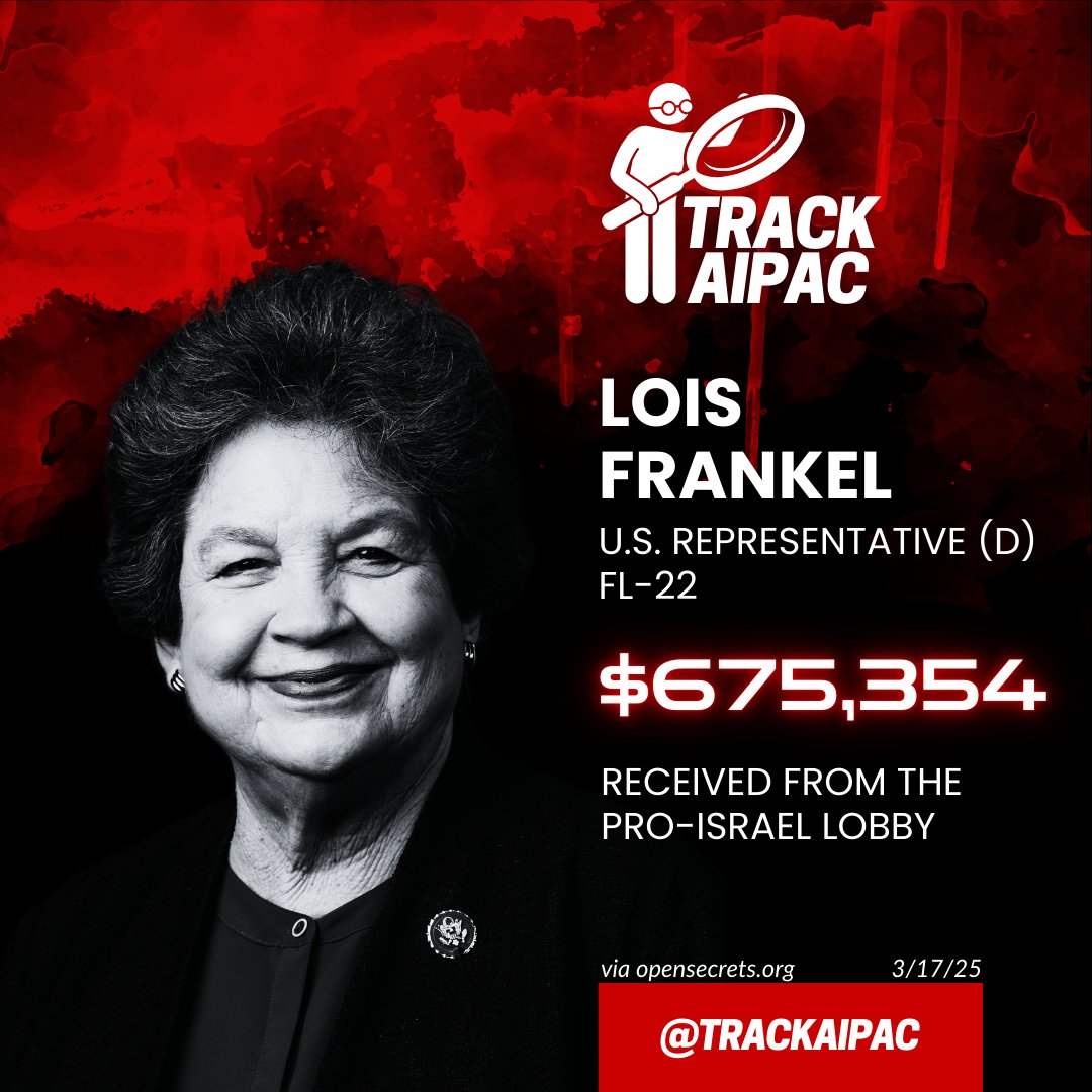 Rep. <a href="/LoisFrankel/">Lois Frankel</a> [D-FL-22] is paid to peddle debunked Israeli propaganda and ignore the verified accounts of Zionist forces raping and torturing Palestinians.

Her all-time top donor is AIPAC.