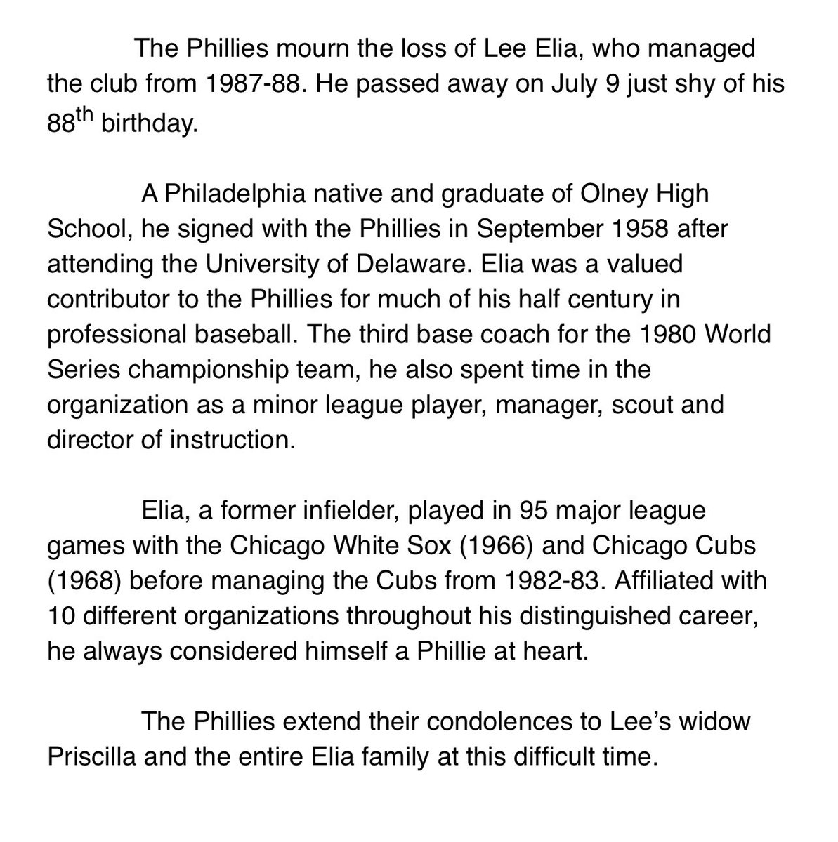 RIP Lee Elia, one of the game’s great characters