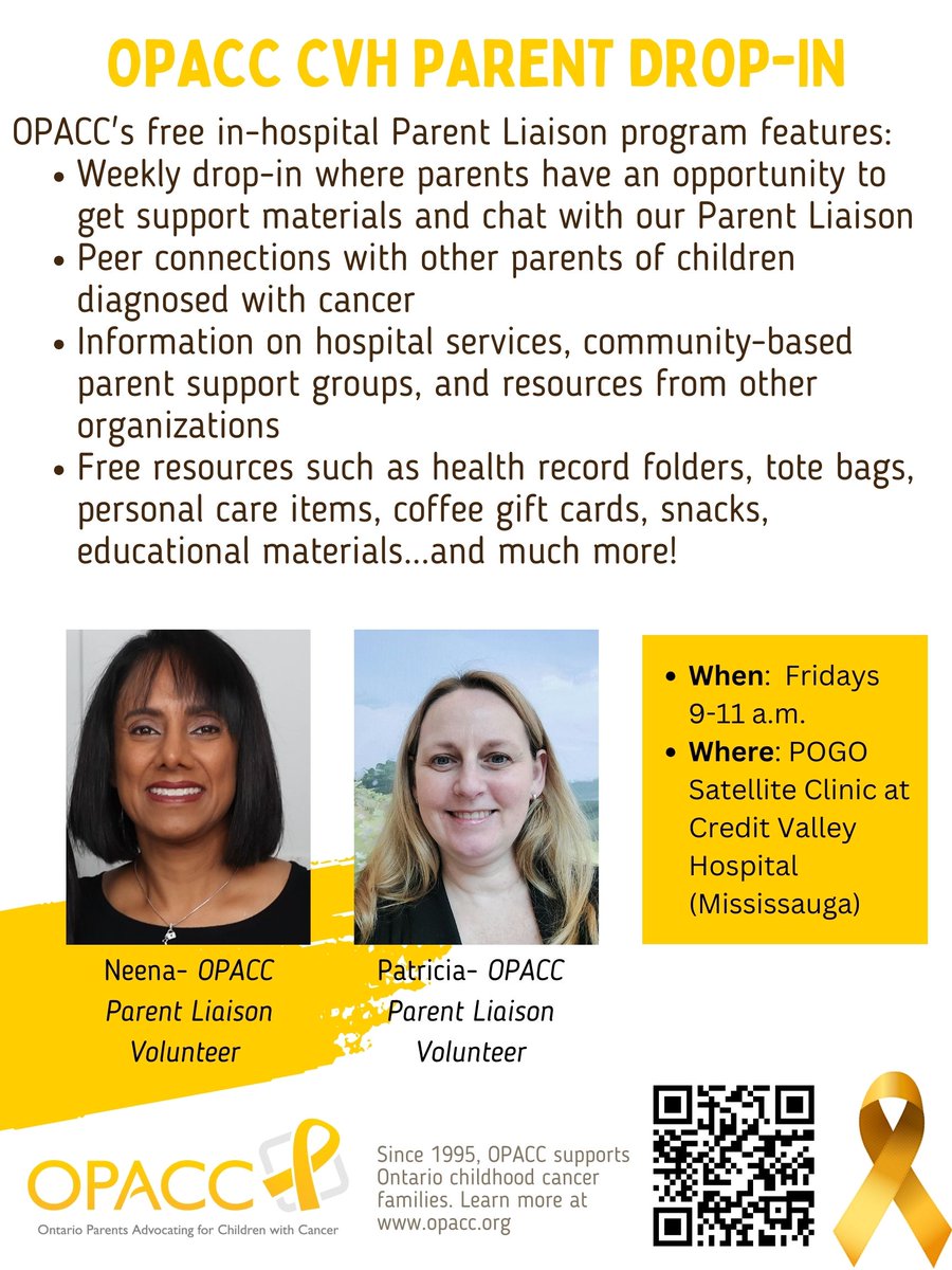 Our Parent Liaison volunteer Patricia will be at the POGO clinic at Credit Valley Hospital in #Mississauga today from 9-11am for our weekly drop-in support session for #childhoodcancer families! If you are at CVH,  please stop by to say Hi and get FREE resources and peer support!