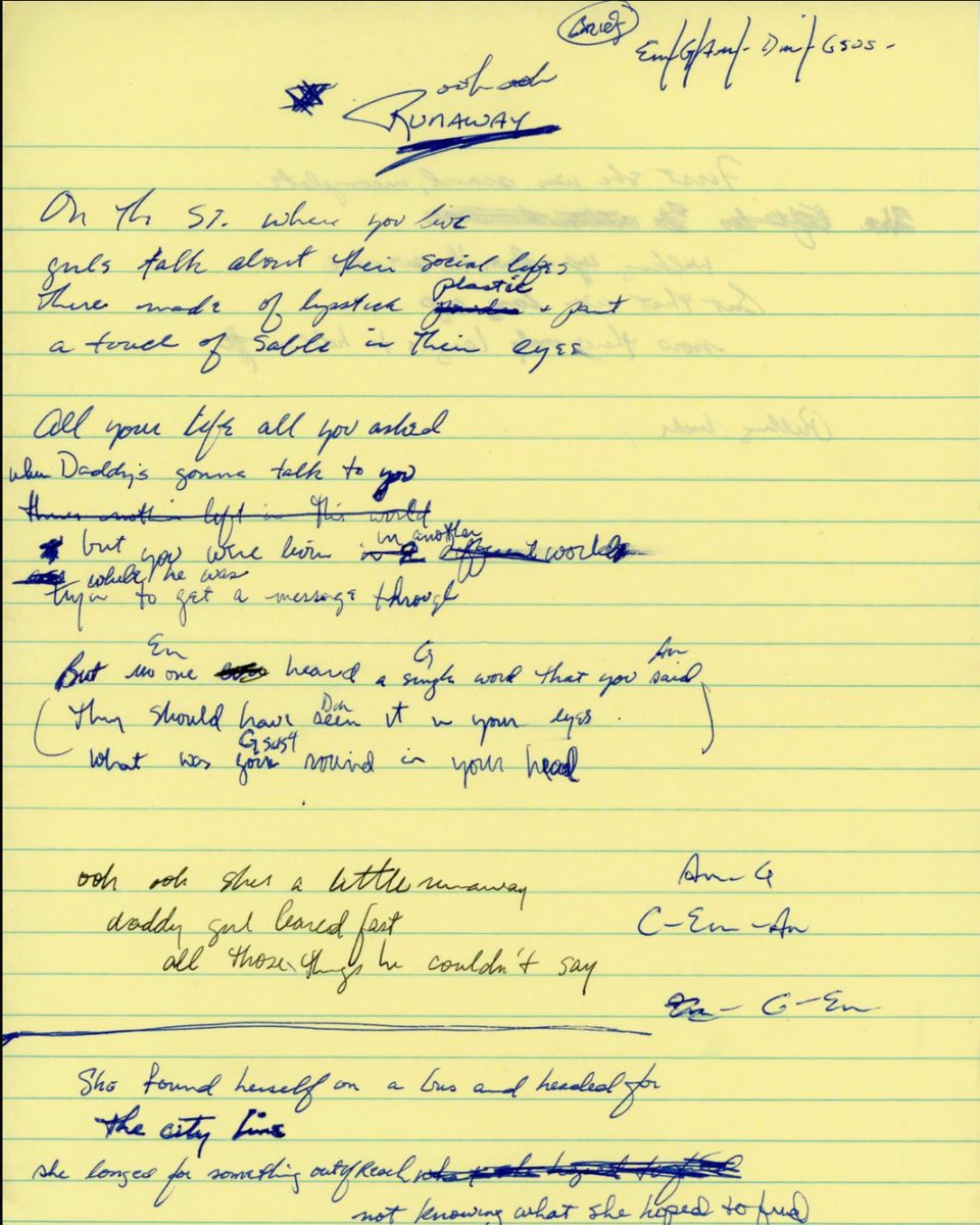 First draft of Runaway … who remembers where they first heard this one