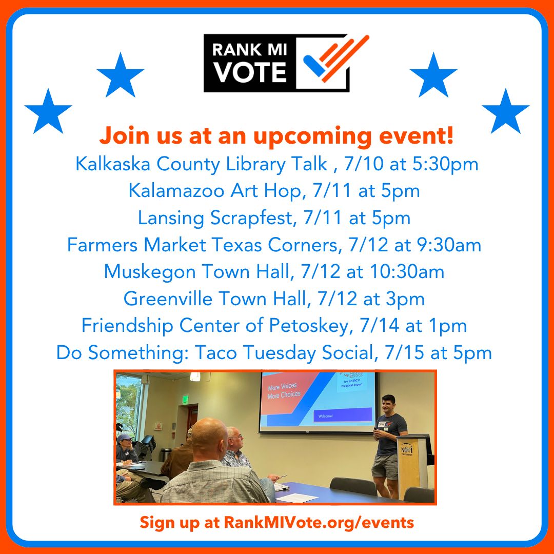 RankMIVote's tweet image. 📆 Check out where Rank MI Vote will be this week!
We’ve got a full lineup of events happening across Michigan and it’s the perfect time to get involved. Whether you're ready to volunteer or just want to learn more about Ranked Choice Voting, we’d love to see you there!
📍Find…