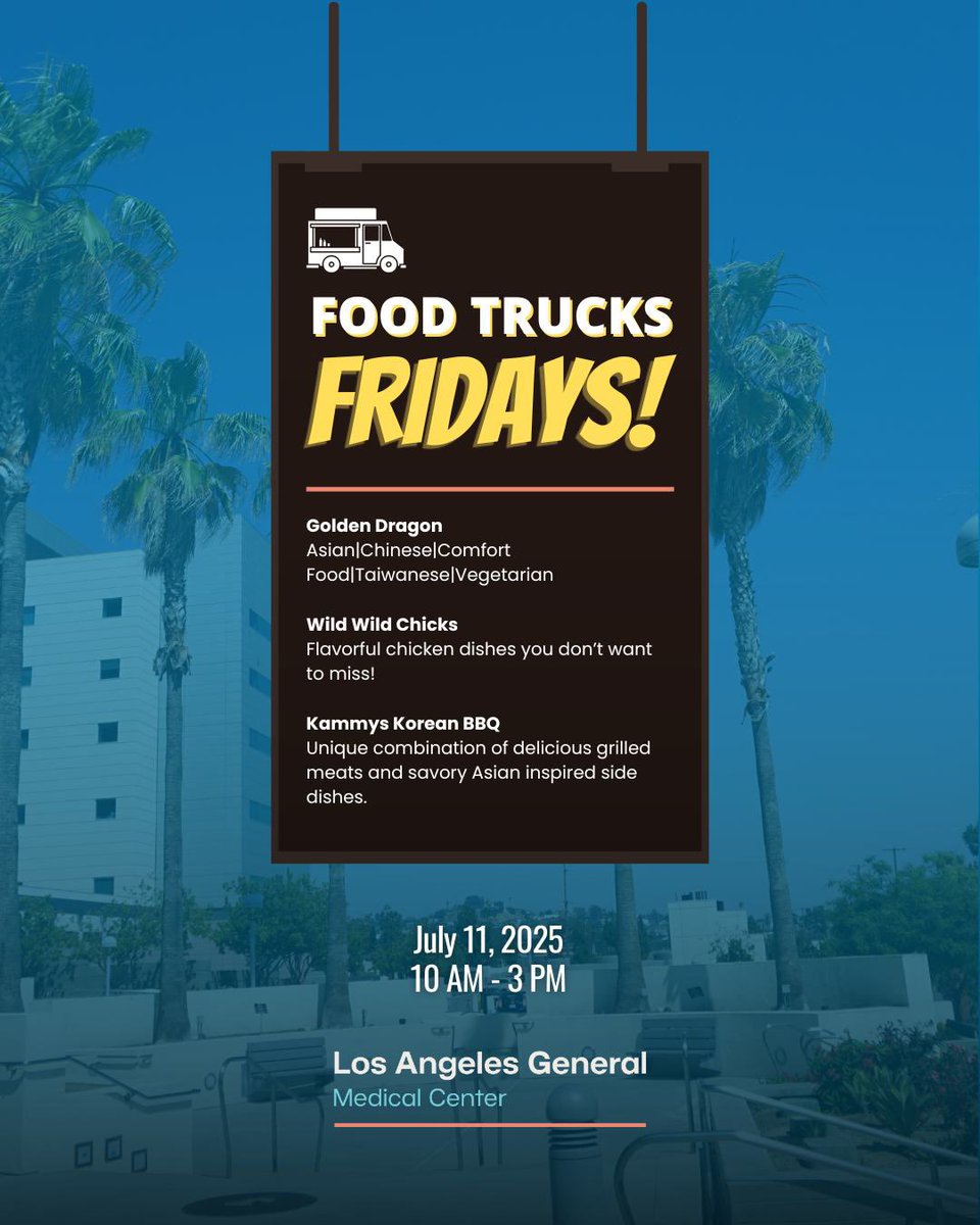LAGeneralMed's tweet image. Don't miss Food Truck Fridays at LA General Medical Center tomorrow, July 11th, from 10 AM - 3 PM! 🚚 Featuring Golden Dragon, Wild Wild Chicks, and Kammys Korean BBQ! #FoodTruckFridays #LAGeneralMedicalCenter #Foodie