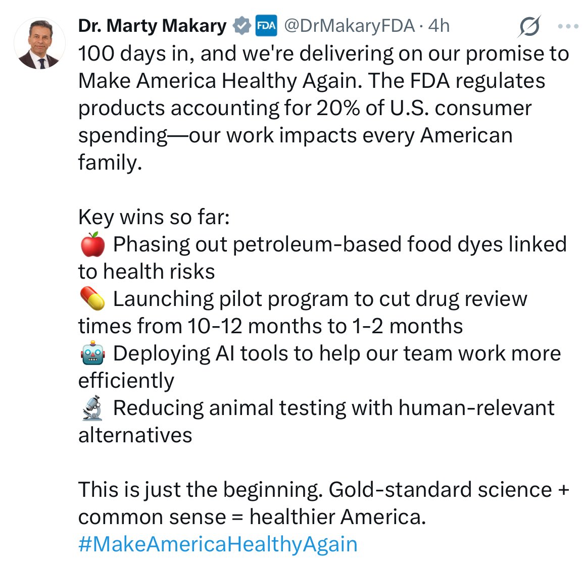 I am a huge fan and admirer of Dr Makary— but c’mon Marty!! Not a single thing here is going to reverse rampant obesity, insulin resistance, and chronic disease— in any American!

The one I am happiest about though, is stopping evil and cruel animal testing. Totally abhorrent