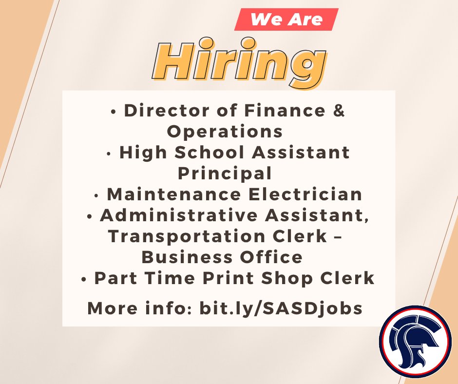Join our team! The Shaler Area School District is currently accepting applications for a number of positions.

See all open positions and begin your application on our website:
shalerarea.org/departments/hu…

#WeAreSA #TitanPride