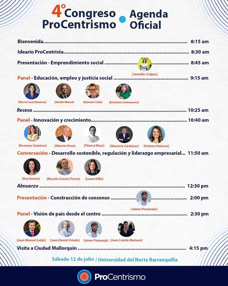 ProCentrismo's tweet image. 📣 ¡Ya puedes conocer la agenda oficial del #CongresoProCentrismo2025!
Nos vemos este sábado 12 de julio en @UninorteCO para hablar de empleo, innovación, liderazgo y visión de país 🇨🇴
🕗 Iniciamos a las 8:15 a. m.
🎟️ holafomo.com/en/event/MTkw
