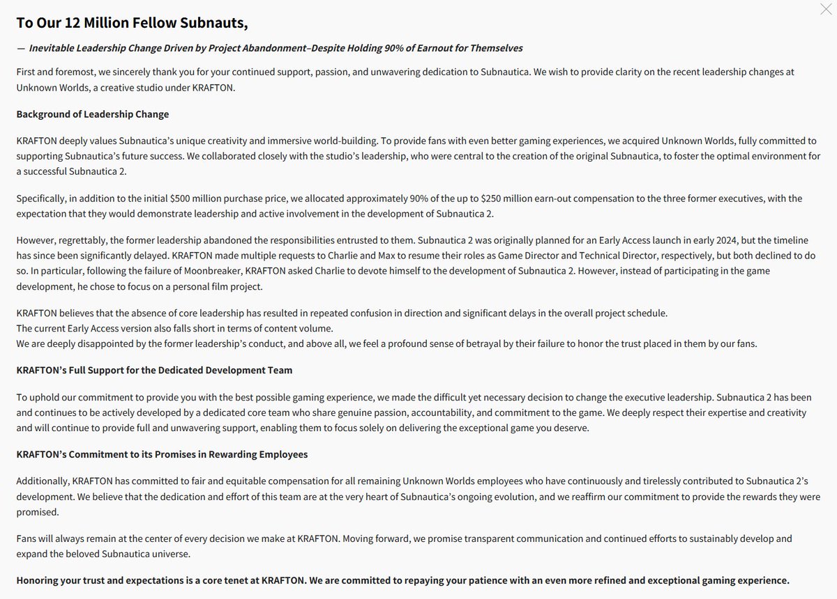 Der Subnautica-Publisher schießt zurück: Ja, es gab den 250-Millionen-Bonus, und 90 Prozent davon sollten an die drei Chefs gehen (natürlich). Aber die haben angeblich gar keinen Bock mehr gehabt, ihre Jobs zu machen und wurden deswegen gefeuert. Was für eine absurde Geschichte.