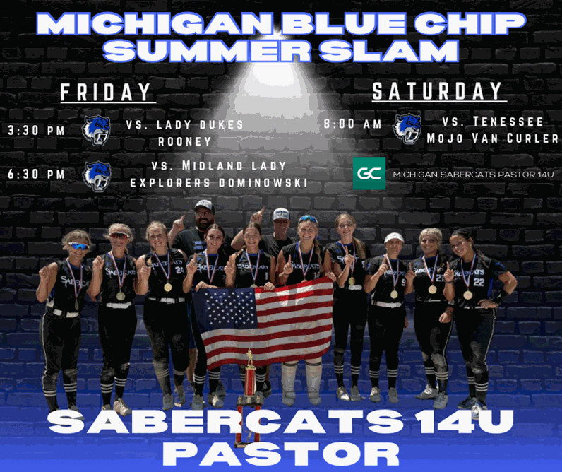 Coming off back to back Championships in as many weeks, we head to the <a href="/MIBlueChip/">MI BlueChip Softball</a> Summer Slam Exposure event this weekend. We'll be at Moline Sports Complex starting Friday at 3:30pm. Follow us live via GameChanger at Michigan Sabercats Pastor 14u. Go <a href="/mi_sabercats/">misabercats</a>
