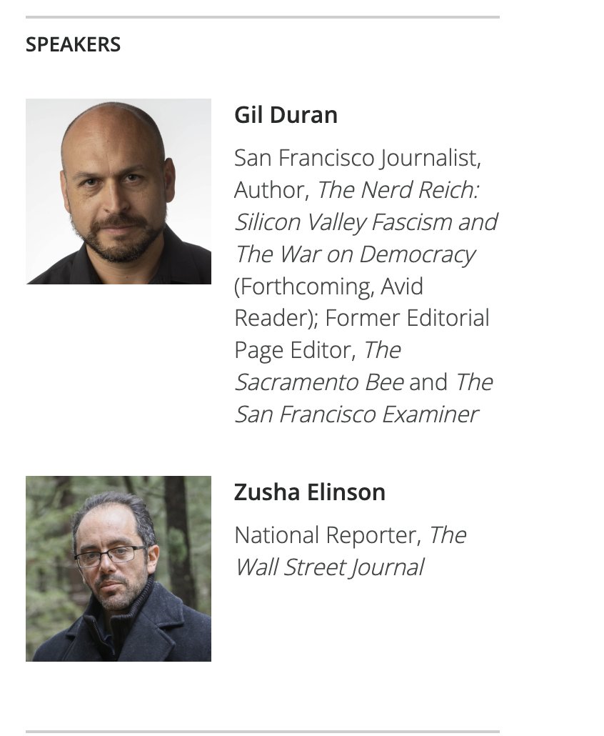 Monday!  

Join Wall Street Journal reporter <a href="/ZushaElinson/">Zusha Elinson</a> and me for a discussion of The Nerd Reich &amp; the San Francisco roots of tech fascism.

6 p.m. July 14 at the <a href="/cwclub/">Commonwealth Club World Affairs of California</a> in San Francisco.

Tix still available — and the crowd's so good they're gonna open the cash bar after.