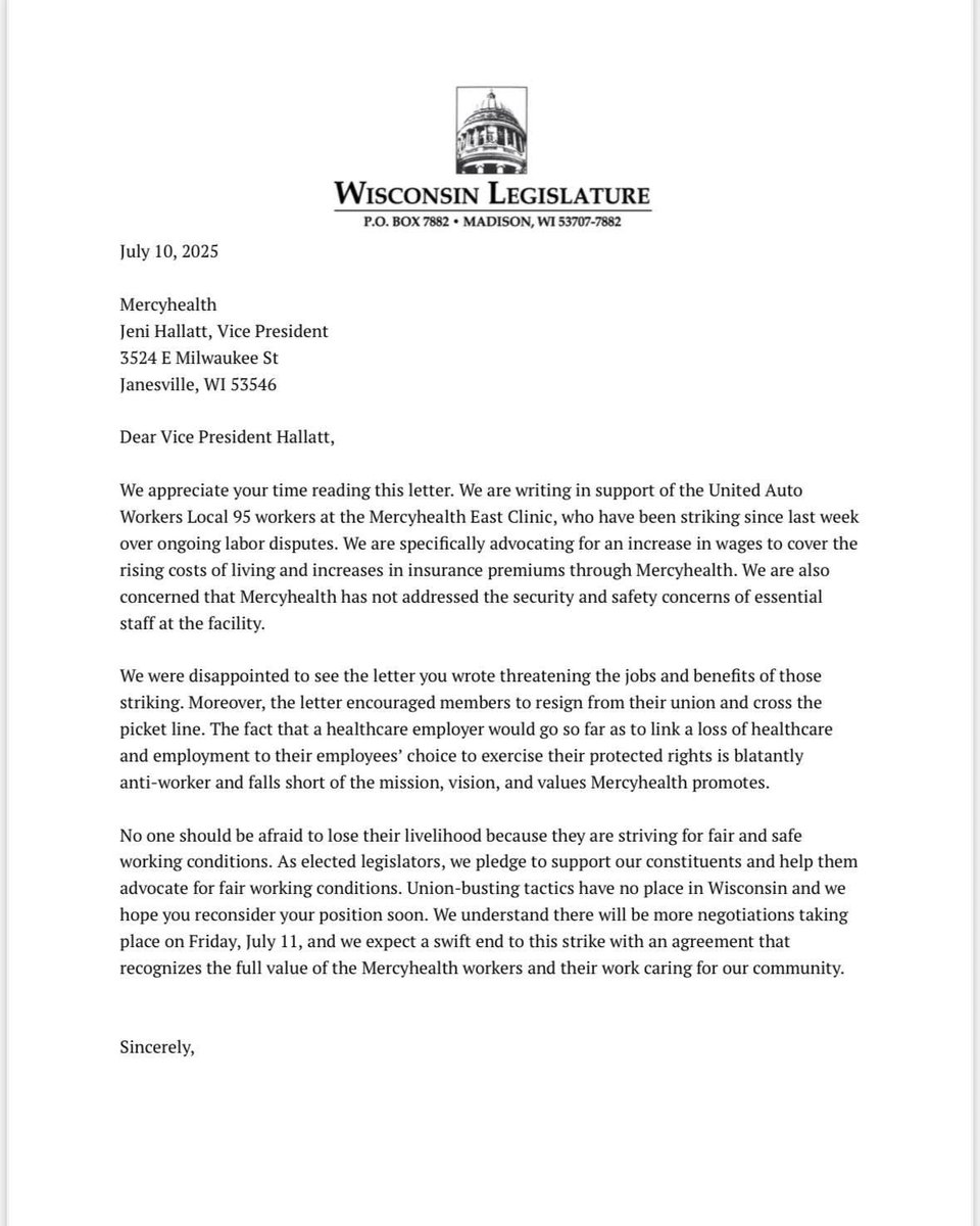 StateRepTenorio's tweet image. Proud to stand with striking workers and sign this letter in support of United Auto Workers Local 95 at Mercyhealth. Everyone deserves fair wages, safe working conditions, and respect on the job.
